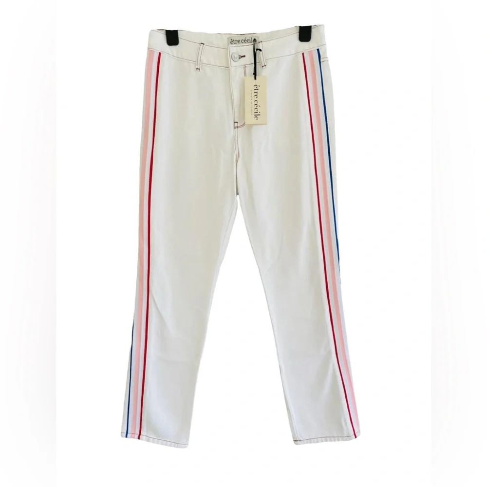 Etre Cecile Chic Designer Boot Cut Jeans with Multicolored Stripes (Size 25)